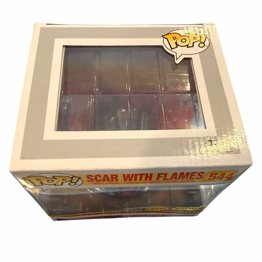 Vangsworld, Inc Funko Pop Scar Deluxe vinyl figure from The Lion King in a window display box with fiery detail