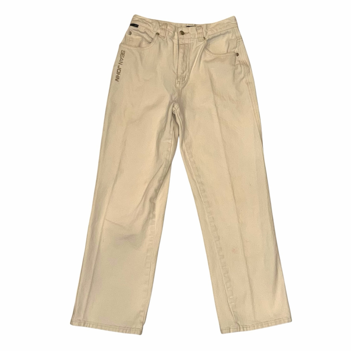 Vangsworld, Inc Sean John cream cotton denim jeans with embroidered logo detail and classic five-pocket design