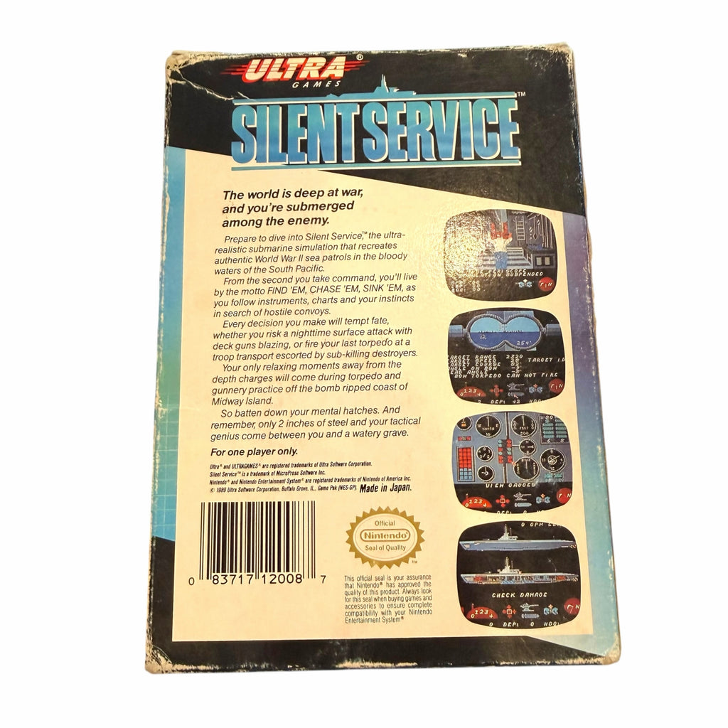 Vangsworld, Inc Silent Service NES game box back featuring submarine simulation screenshots and game description