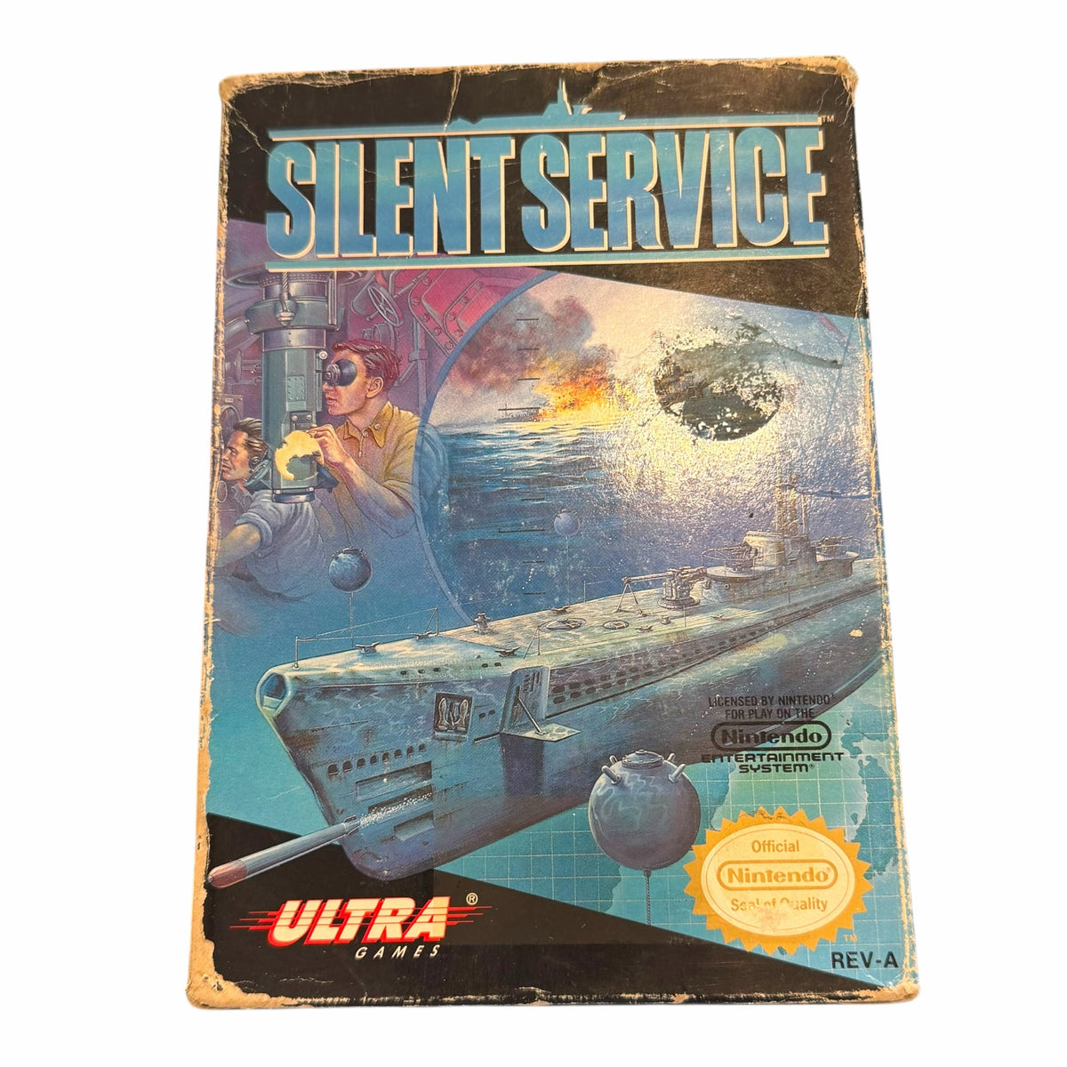 Vangsworld, Inc vintage Silent Service NES video game box featuring submarine warfare artwork and original branding.