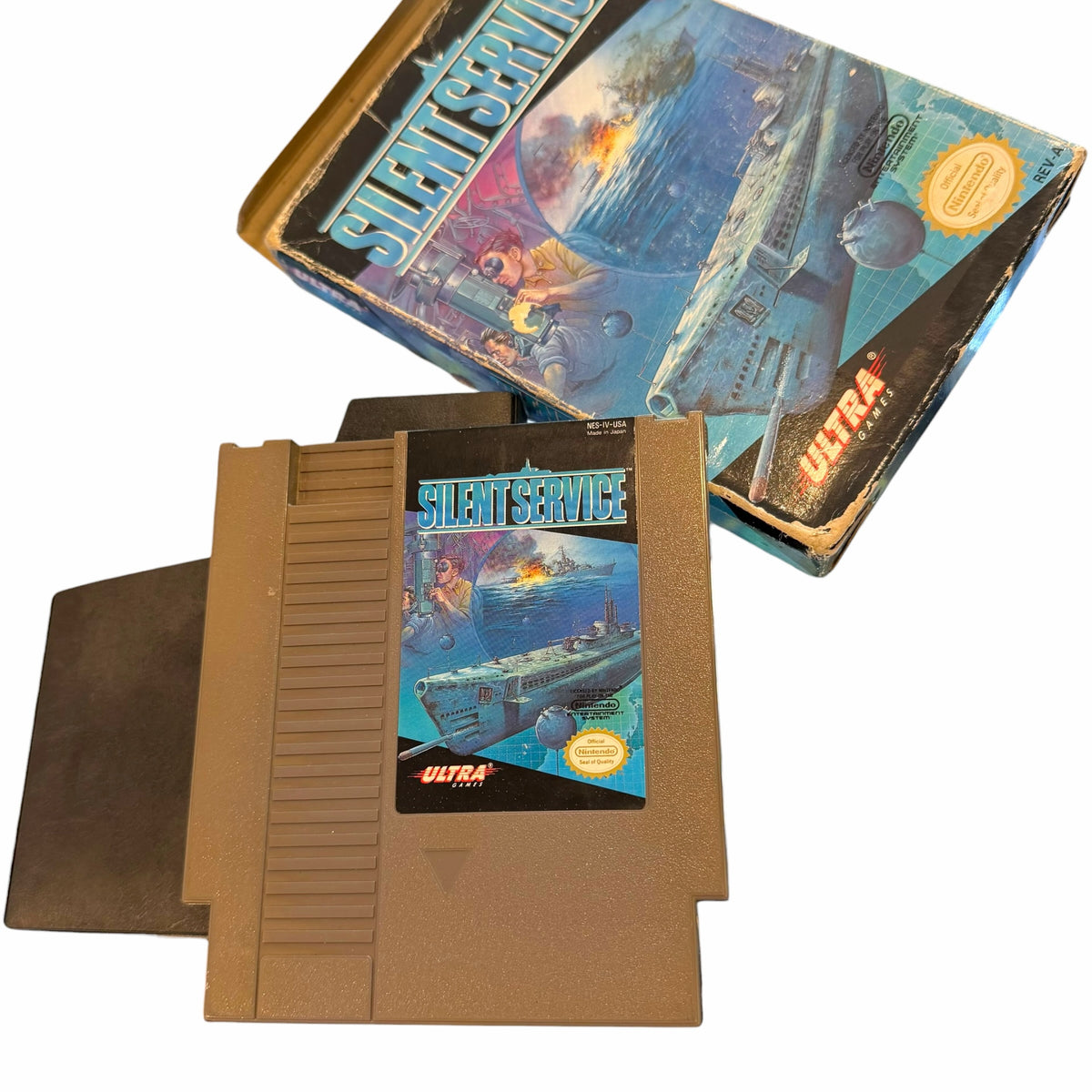 Vangsworld, Inc Silent Service NES game cartridge and original box featuring submarine naval warfare artwork