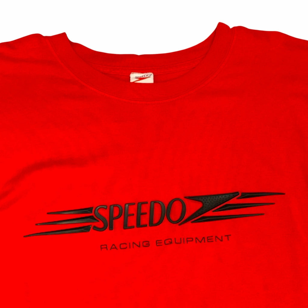 Vangsworld, Inc Speedo red crew neck t-shirt with black racing equipment graphic on chest