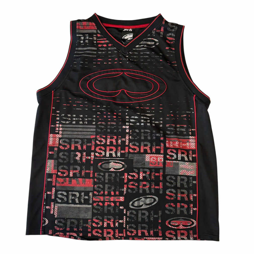 Vangsworld, Inc SRH sleeveless basketball jersey in black, red, and grey mesh with a repeating graphic logo pattern.