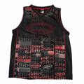 Vangsworld, Inc SRH sleeveless basketball jersey in black, red, and grey mesh with a repeating graphic logo pattern.