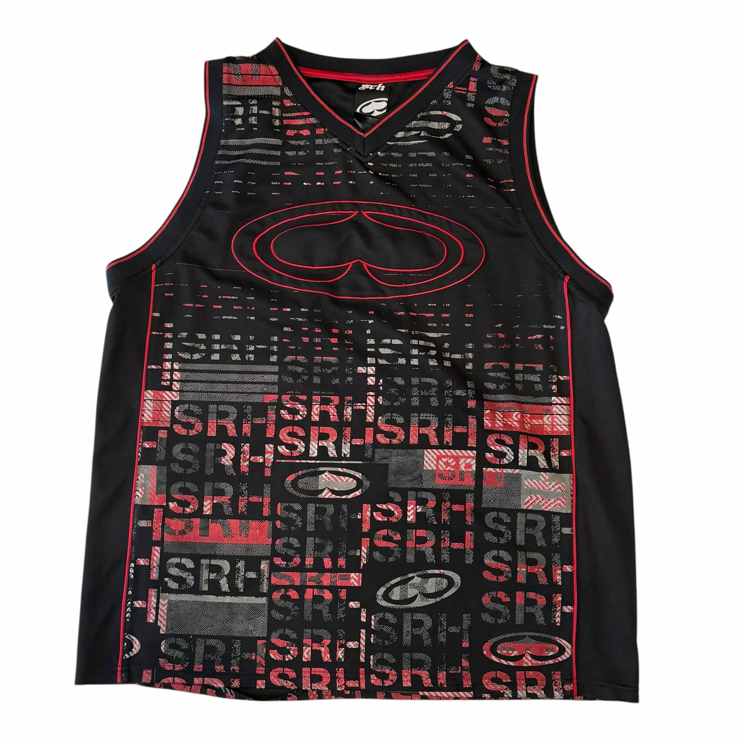 Vangsworld, Inc SRH sleeveless basketball jersey in black, red, and grey mesh with a repeating graphic logo pattern.