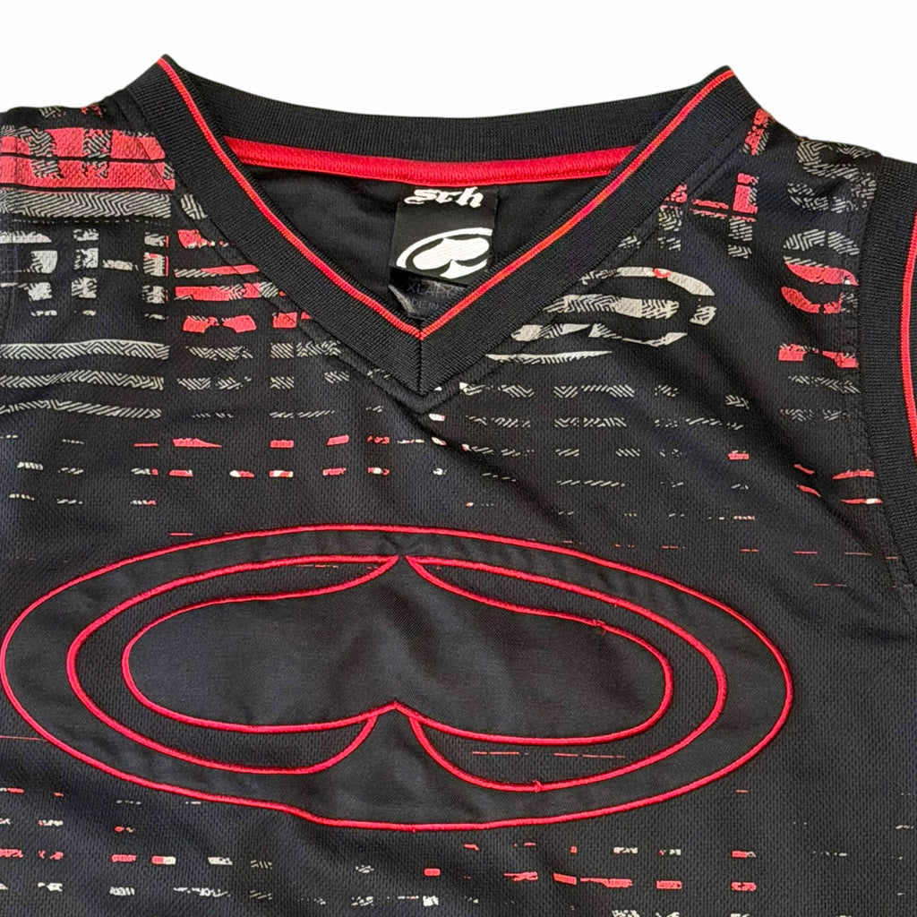 Vangsworld, Inc SRH sleeveless basketball jersey in black, red, and grey mesh with an embroidered logo and V-neck.