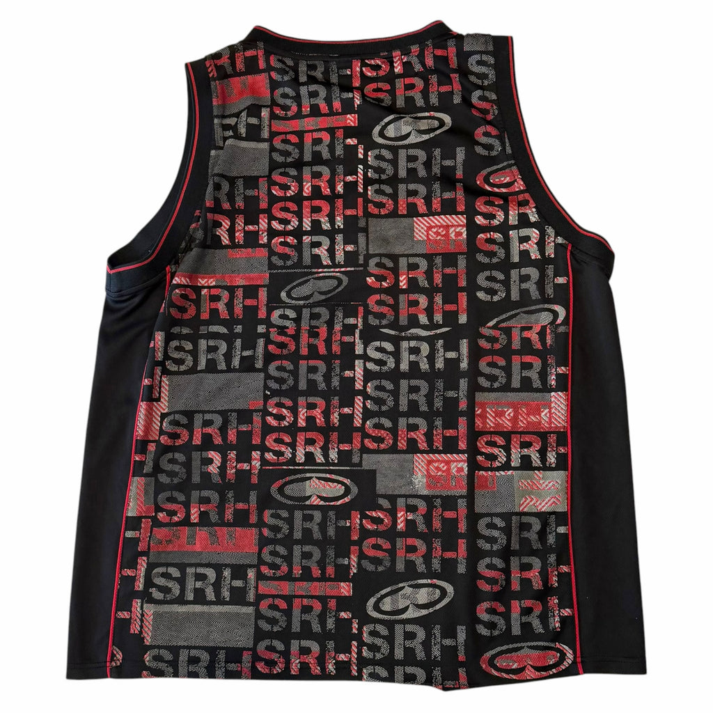 Vangsworld, Inc. SRH sleeveless basketball jersey in black, red, and grey with a repeating graphic logo mesh pattern.