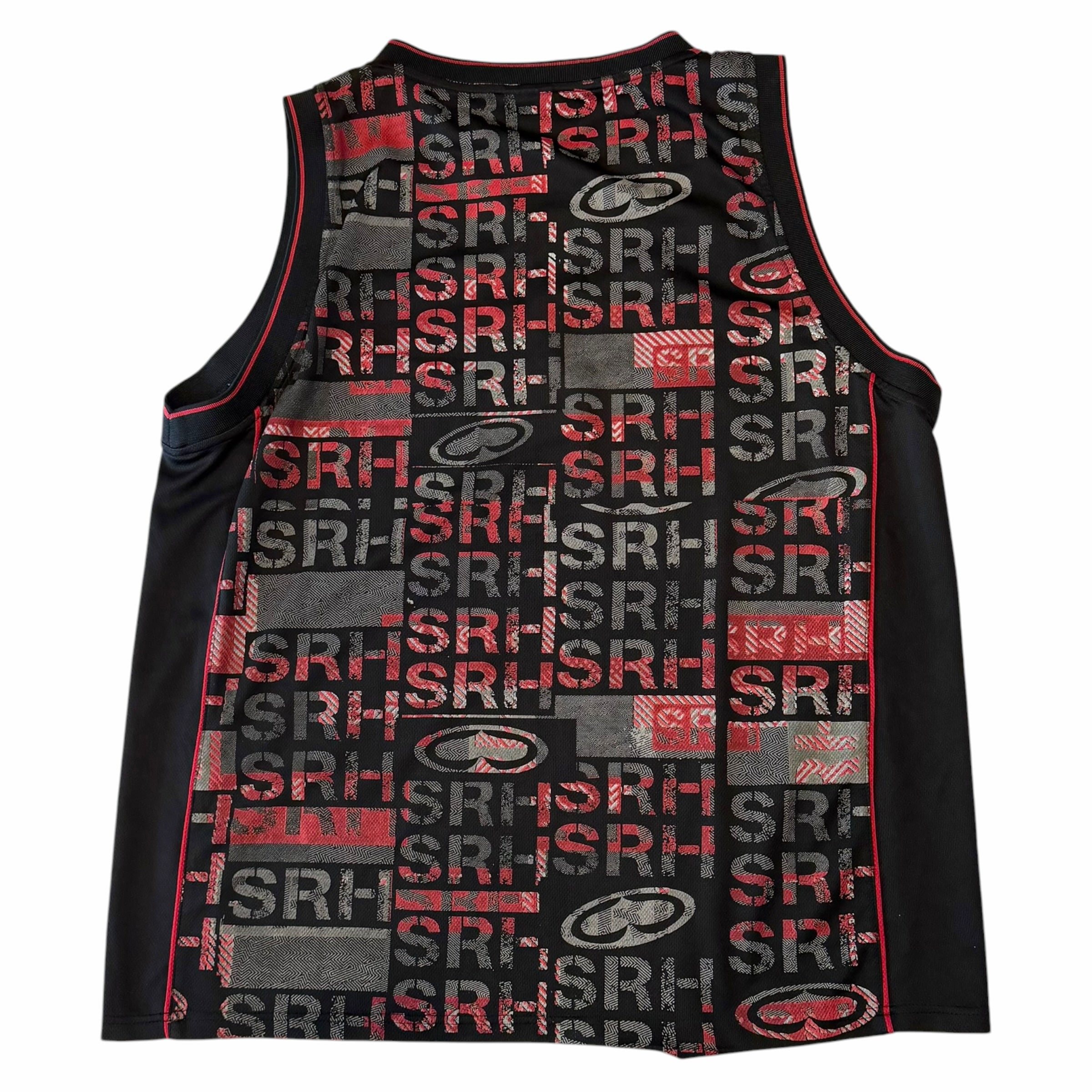 Vangsworld, Inc. SRH sleeveless basketball jersey in black, red, and grey with a repeating graphic logo mesh pattern.