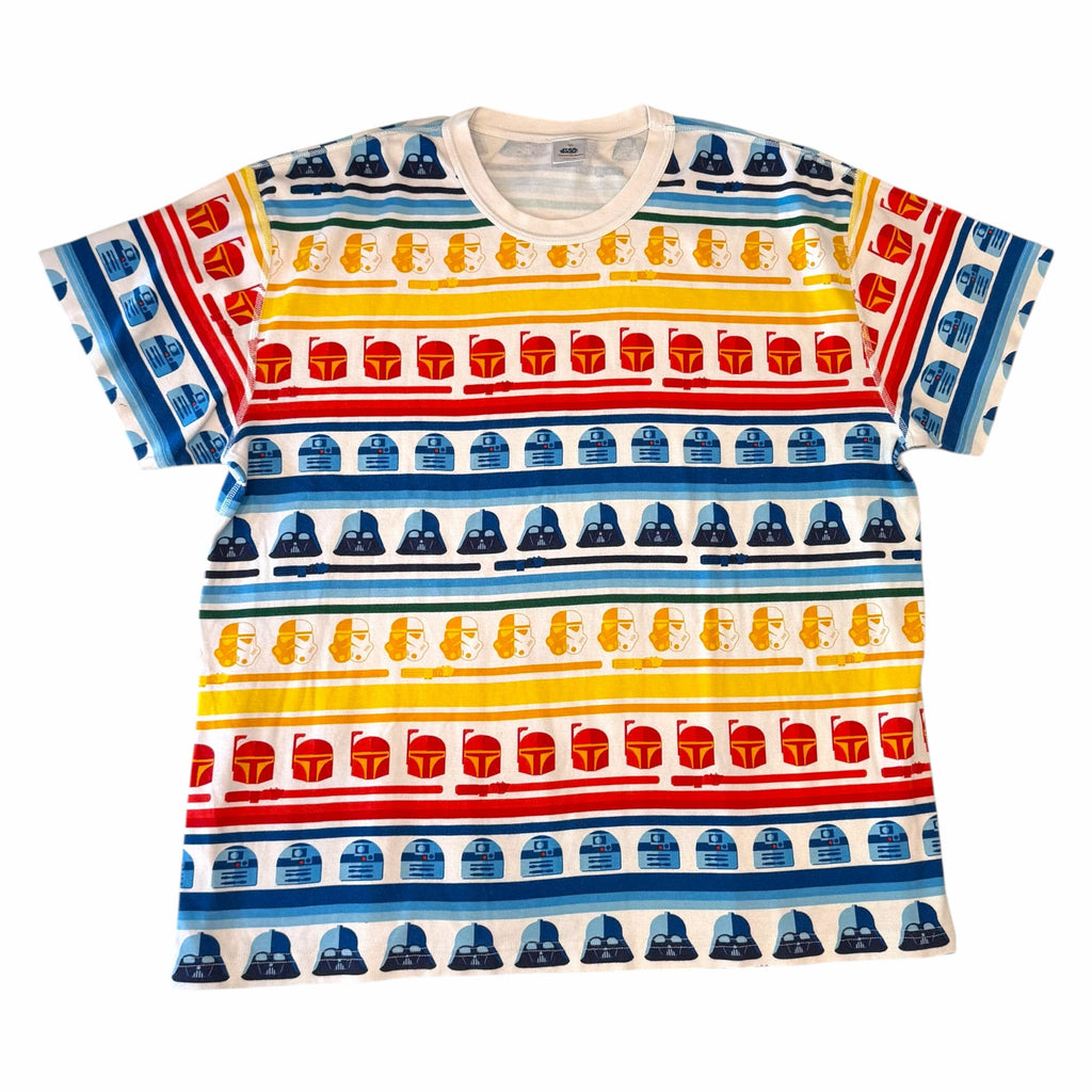 Vangsworld, Inc crewneck t-shirt with a vibrant multi-colored striped pattern featuring Star Wars character icons