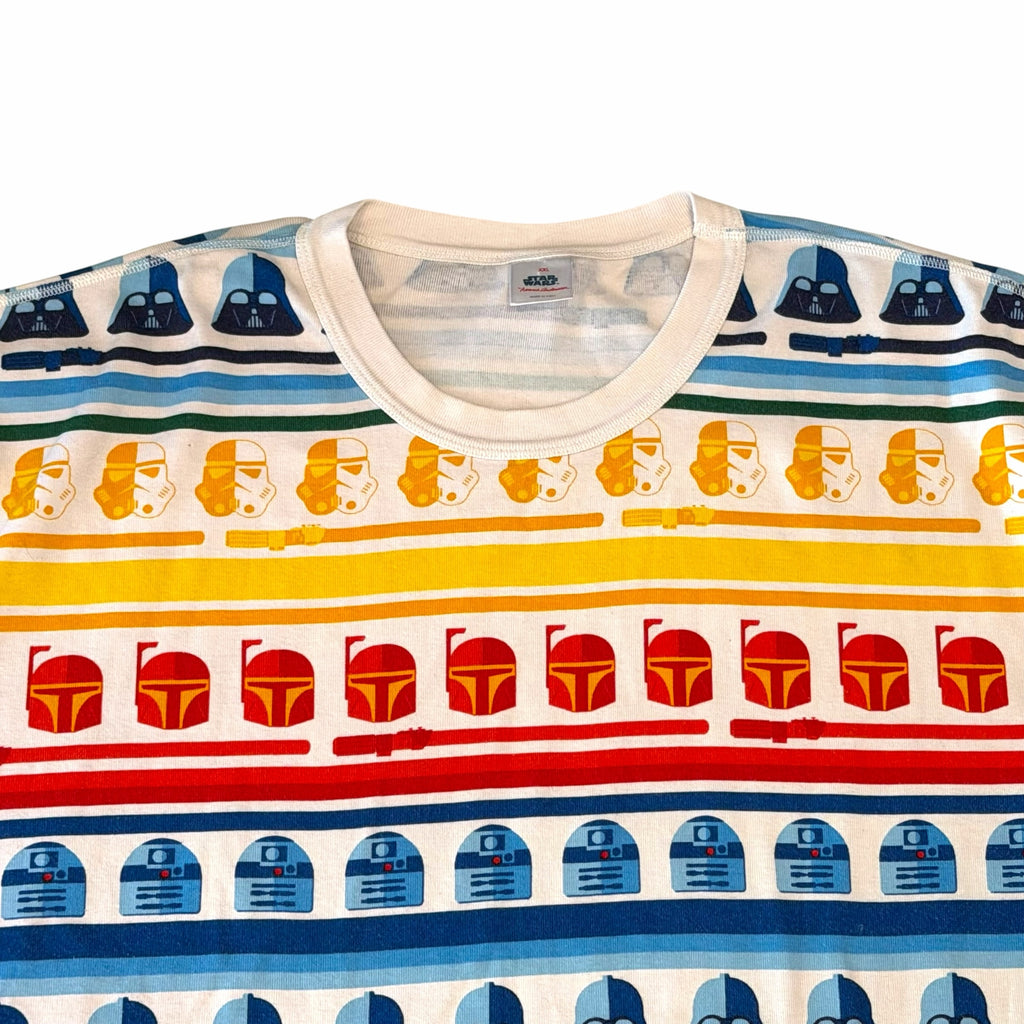 Vangsworld, Inc Star Wars crewneck t-shirt with multi-colored horizontal stripes and iconic character helmet print.