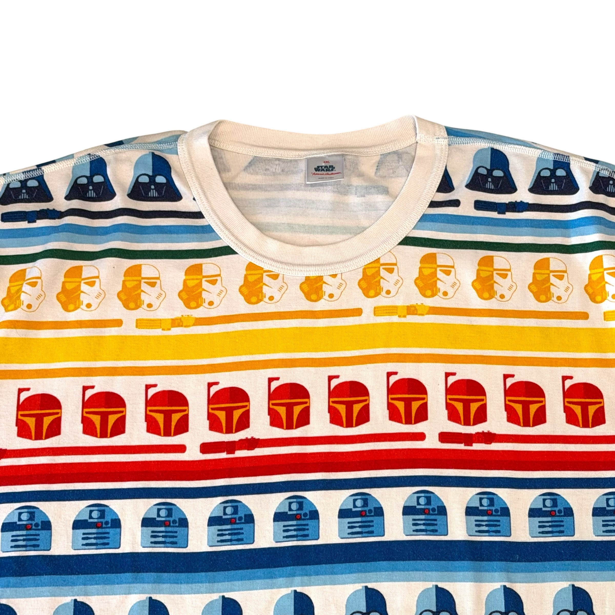 Vangsworld, Inc Star Wars crewneck t-shirt with multi-colored horizontal stripes and iconic character helmet print.