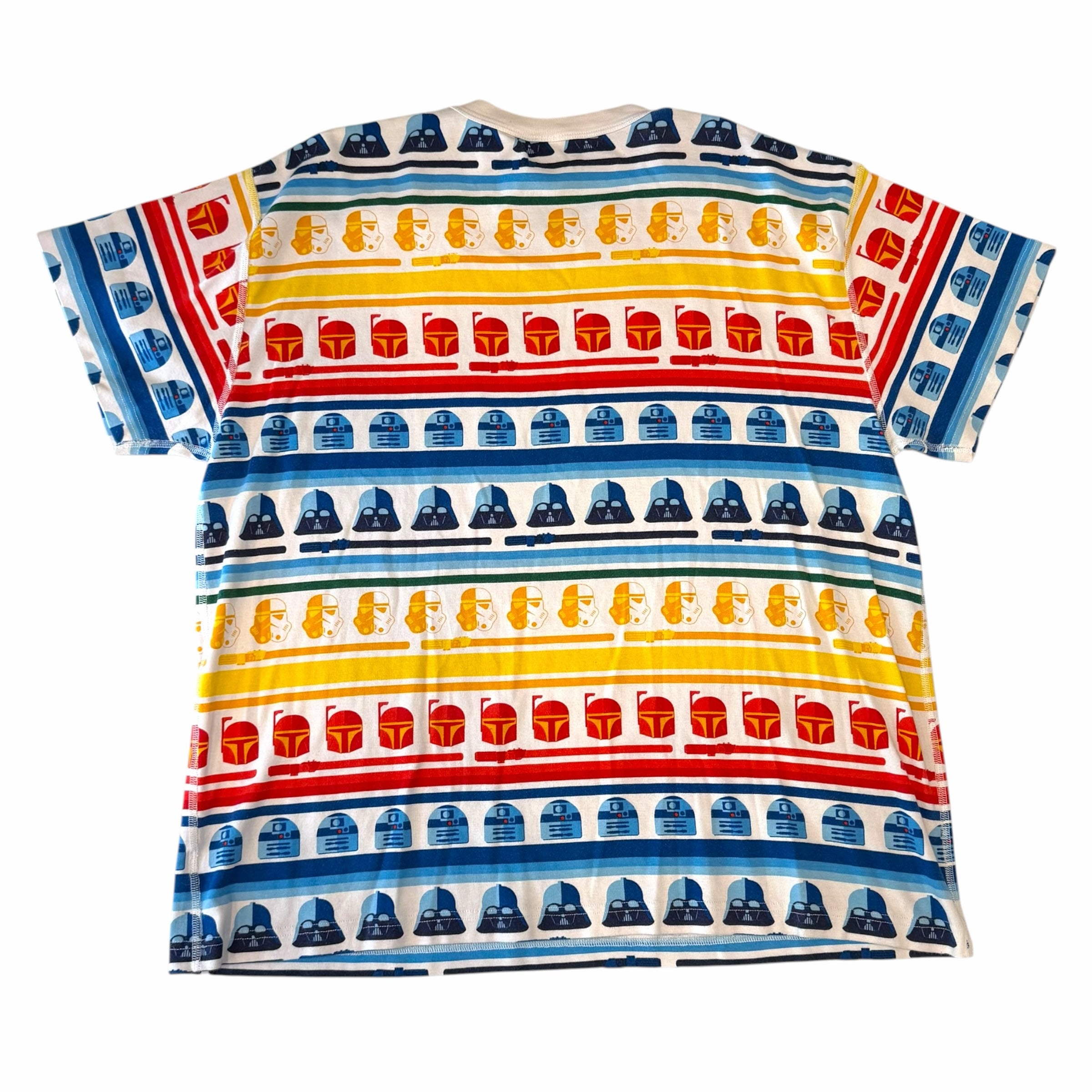 Vangsworld, Inc Star Wars crewneck t-shirt with a multi-colored striped pattern featuring iconic character helmets.