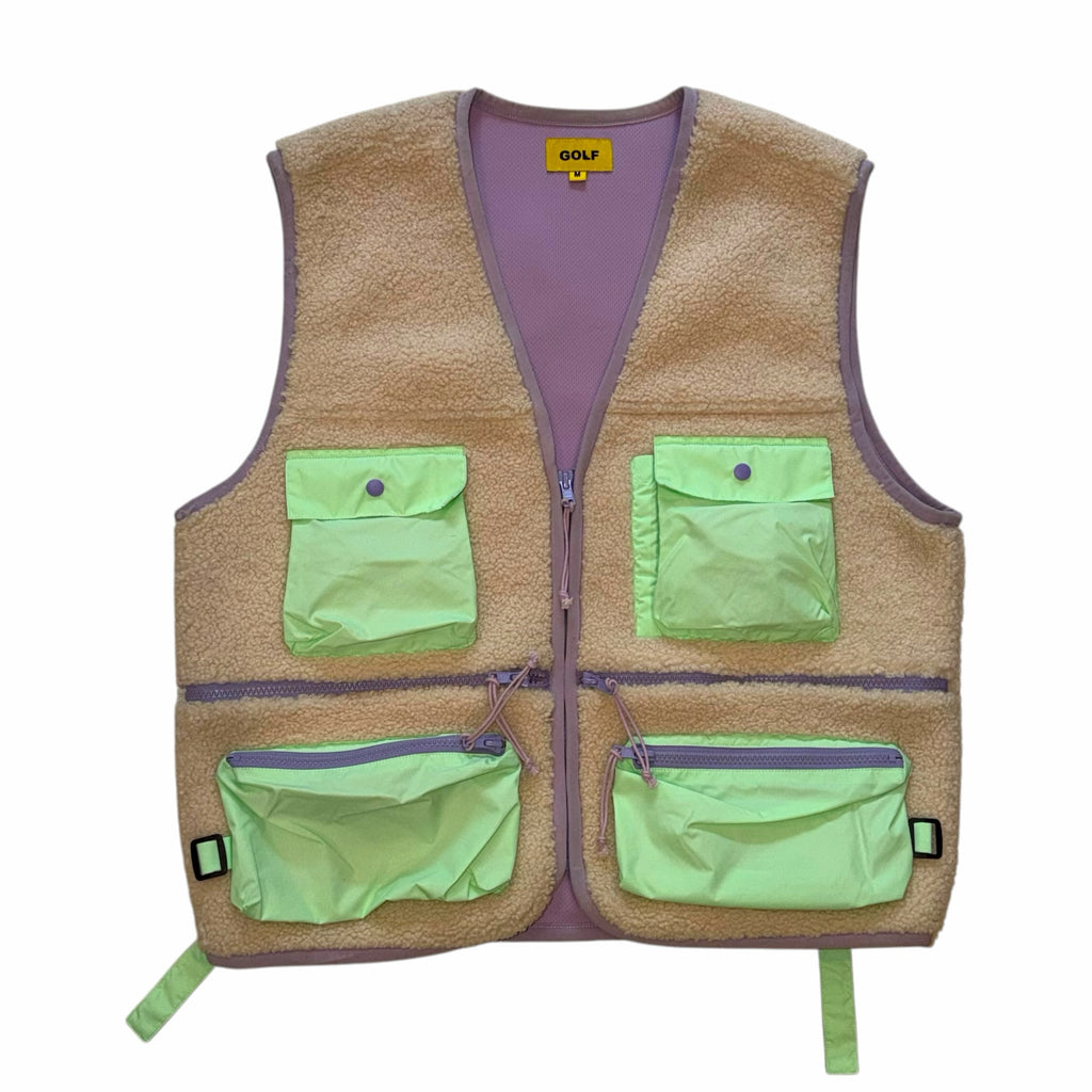 Vangsworld, Inc tan fleece utility vest with neon green nylon pockets and lavender trim details.