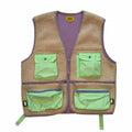Vangsworld, Inc tan fleece utility vest with neon green nylon pockets and lavender trim details.
