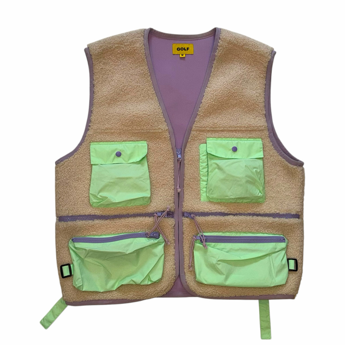 Vangsworld, Inc tan fleece utility vest with neon green nylon pockets and lavender trim details.