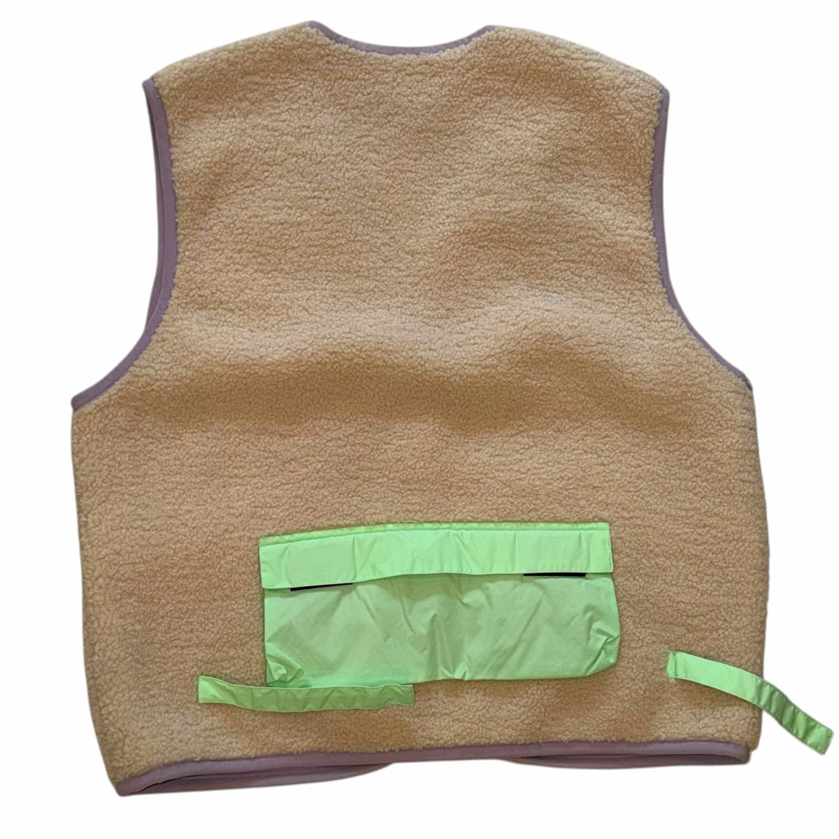 Vangsworld, Inc tan fleece utility vest with a neon green nylon back pocket and lavender trim