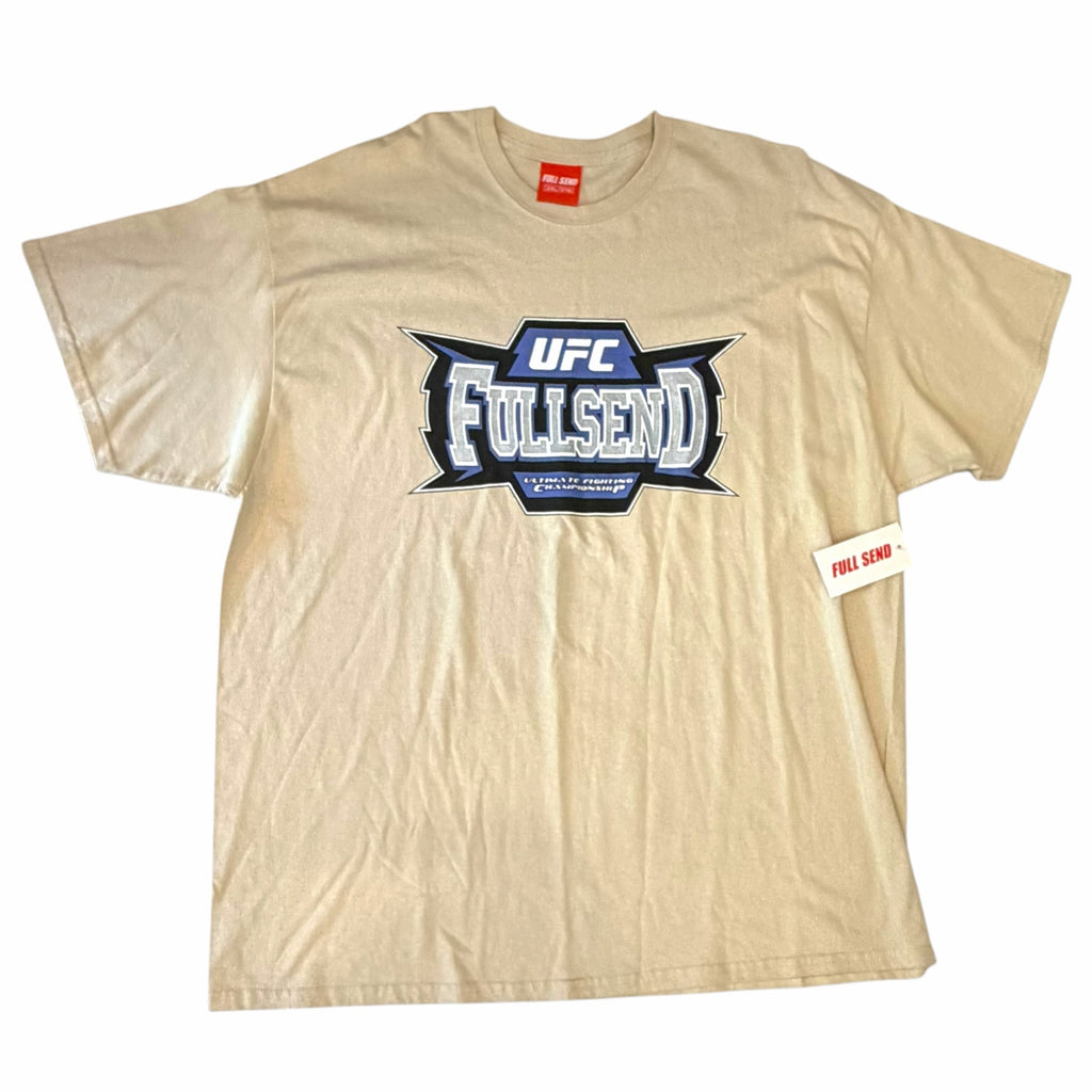Vangsworld, Inc tan cotton crewneck t-shirt featuring a bold blue and black Full Send x UFC graphic on the chest.