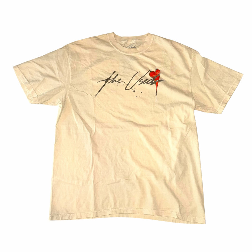 Vangsworld, Inc cream cotton crewneck t-shirt featuring The Used band logo and a distressed red heart graphic.