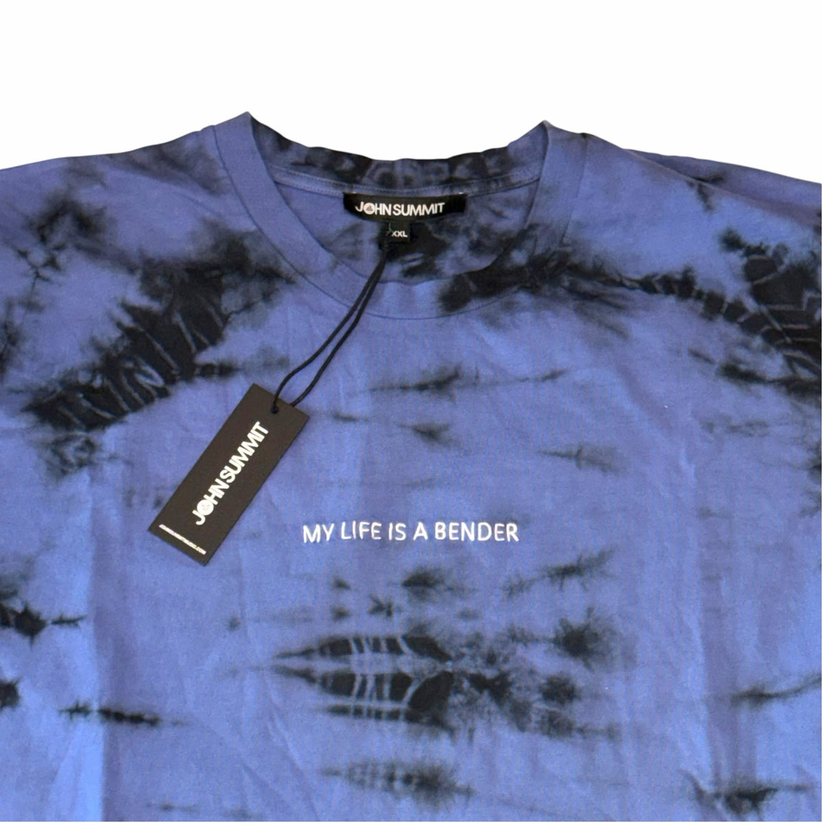 Vangsworld, Inc blue and black tie-dye cotton crew neck t-shirt with My Life Is A Bender graphic print