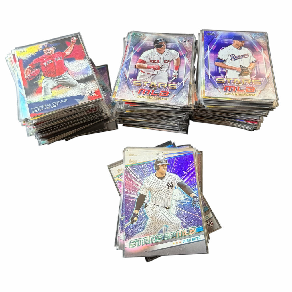 Vangsworld, Inc bulk lot of Topps Stars of MLB baseball trading cards in protective sleeves with holographic foil.