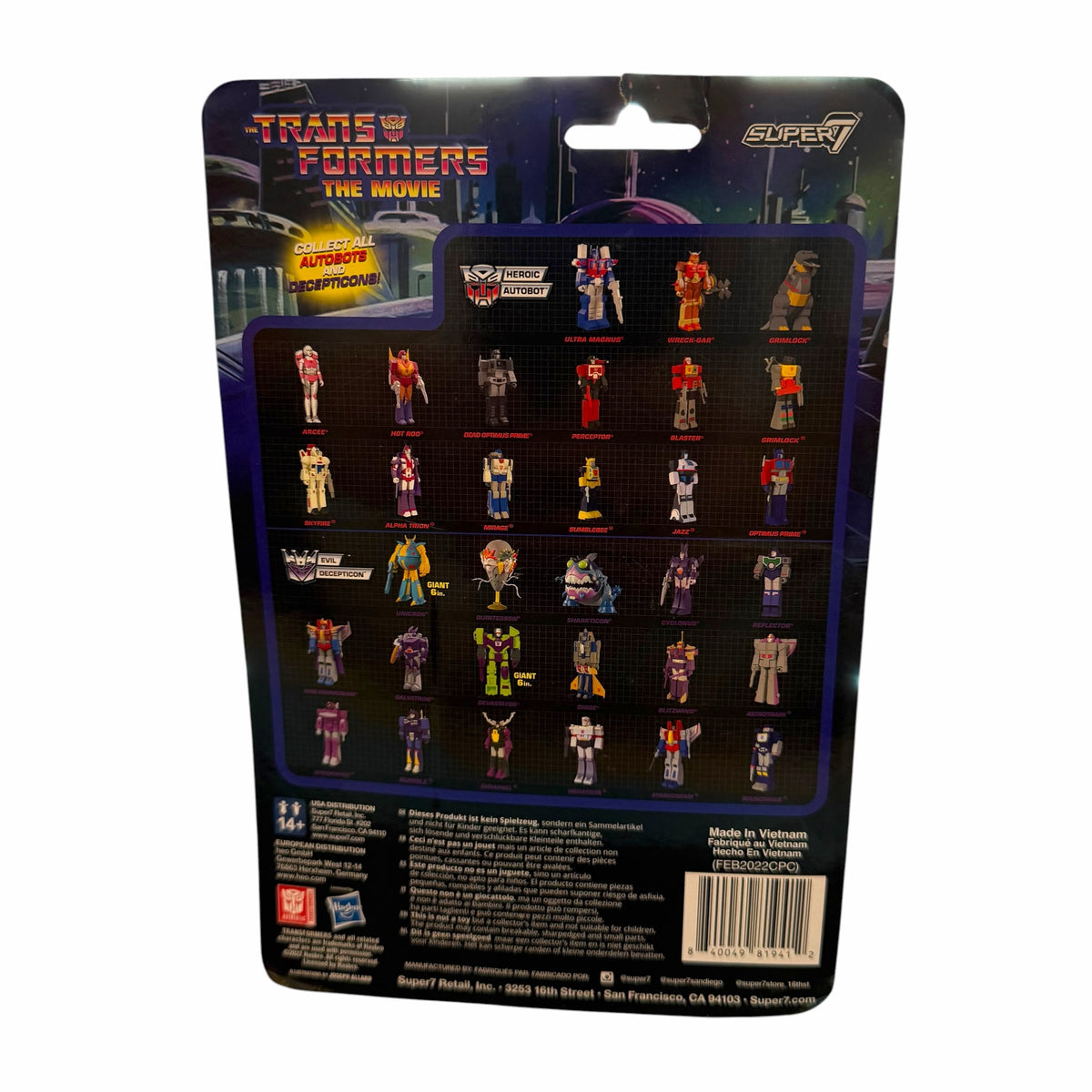 Vangsworld, Inc Transformers The Movie action figure cardback showing a collection of retro 3.75-inch character toys.