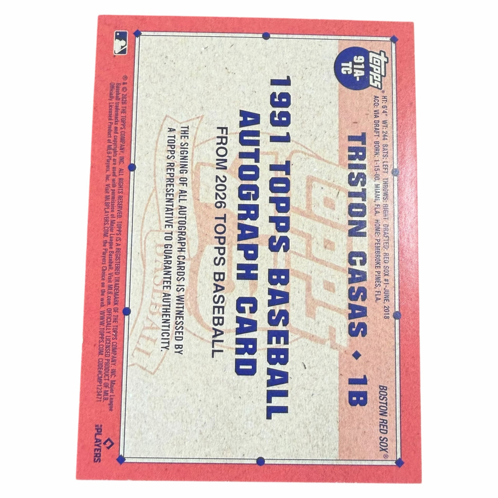 Back of Vangsworld, Inc 2026 Topps Triston Casas baseball trading card showing player stats and autograph certification
