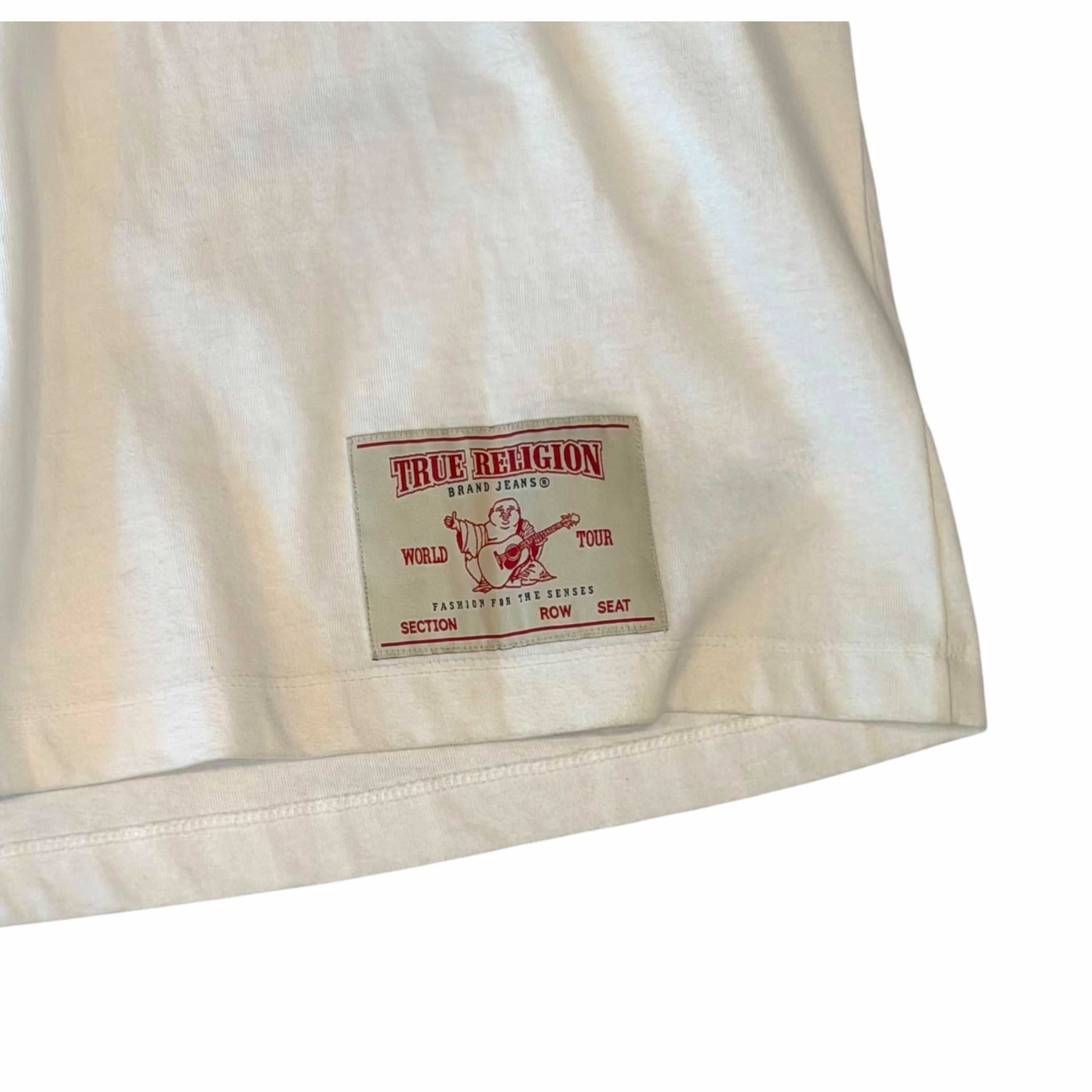 Vangsworld, Inc white cotton t-shirt featuring a red True Religion concert ticket graphic patch at the hem