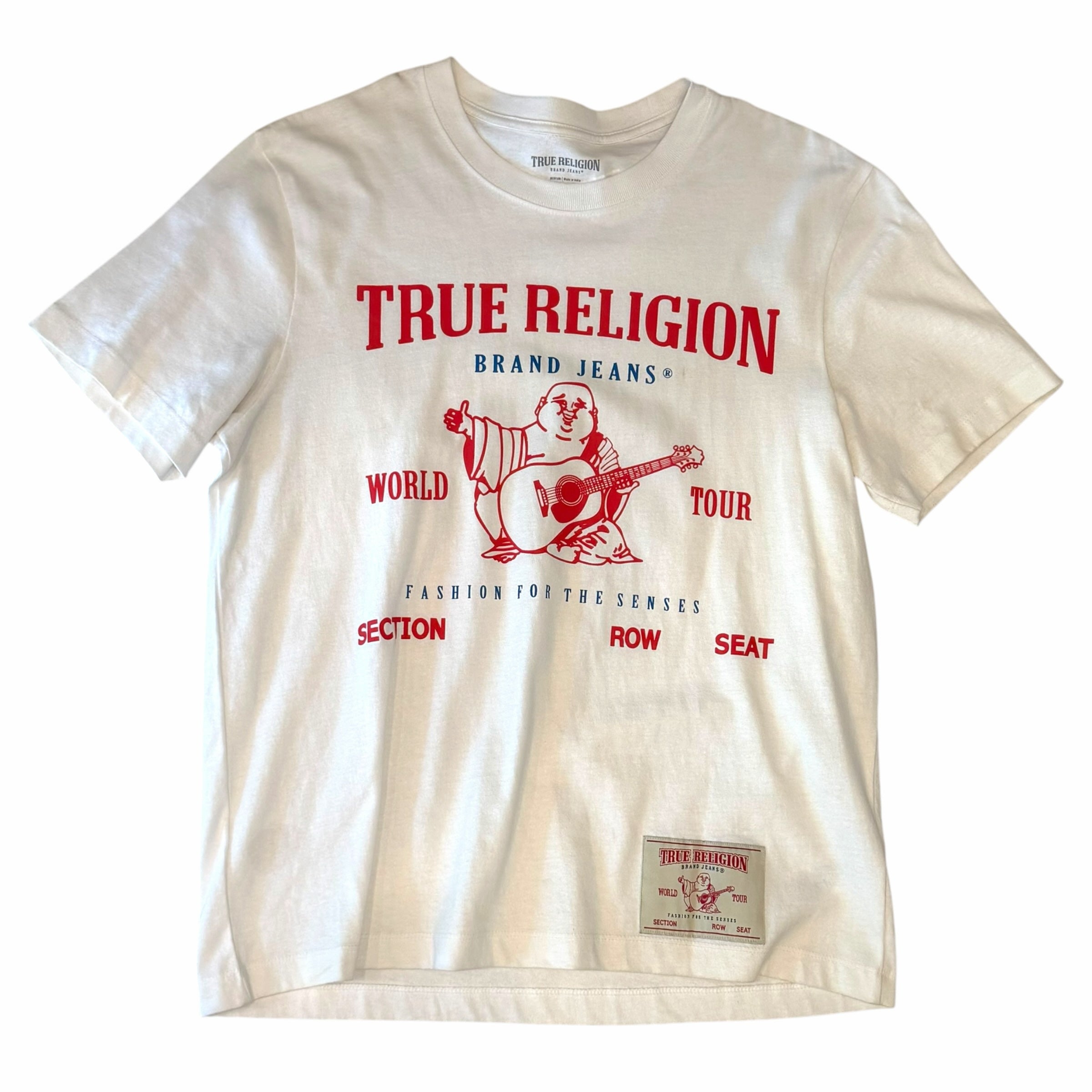 Vangsworld, Inc white True Religion crew neck t-shirt with red World Tour graphic and concert ticket hem patch