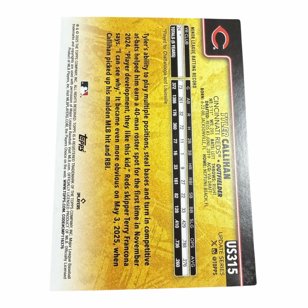 Vangsworld, Inc 2025 Topps Update Series Tyler Callihan Cincinnati Reds rookie baseball card back with career stats