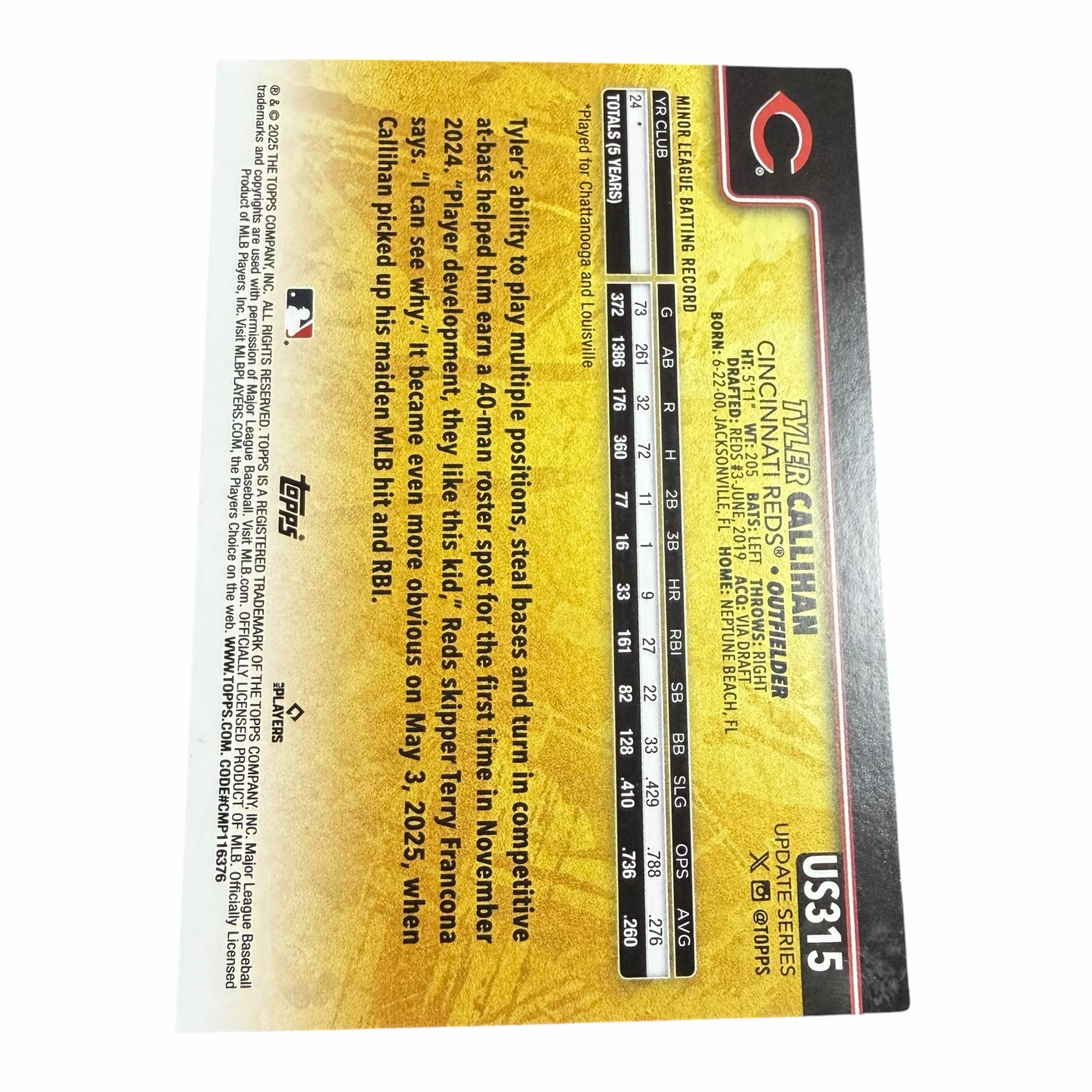 Vangsworld, Inc 2025 Topps Update Series Tyler Callihan Cincinnati Reds rookie baseball card back with career stats