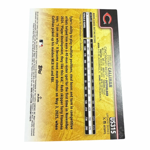 Vangsworld, Inc 2025 Topps Update Series Tyler Callihan Cincinnati Reds rookie baseball card back with career stats