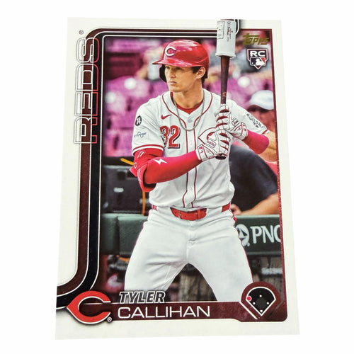 Vangsworld, Inc 2025 Topps Tyler Callihan Cincinnati Reds rookie baseball card featuring player in white uniform