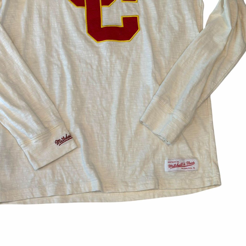 Vangsworld, Inc cream slub cotton long-sleeve USC Trojans shirt with felt-appliqué logo and sleeve branding