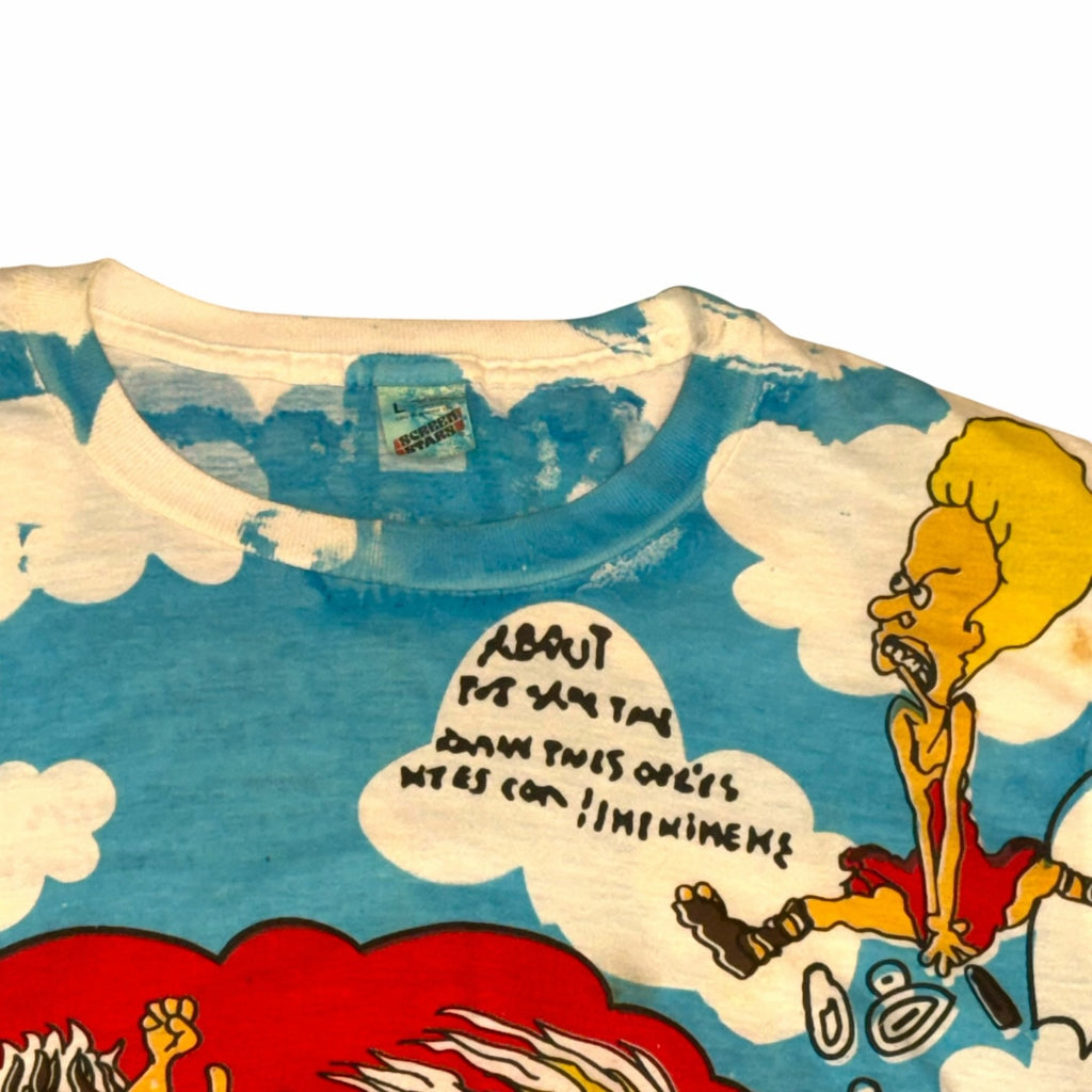 Vangsworld, Inc vintage Beavis and Butt-Head all-over print t-shirt with blue sky and cloud graphic on soft cotton