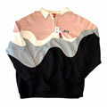 Vangsworld, Inc long sleeve polo shirt featuring a wavy color-block design in pink, white, grey, and black.
