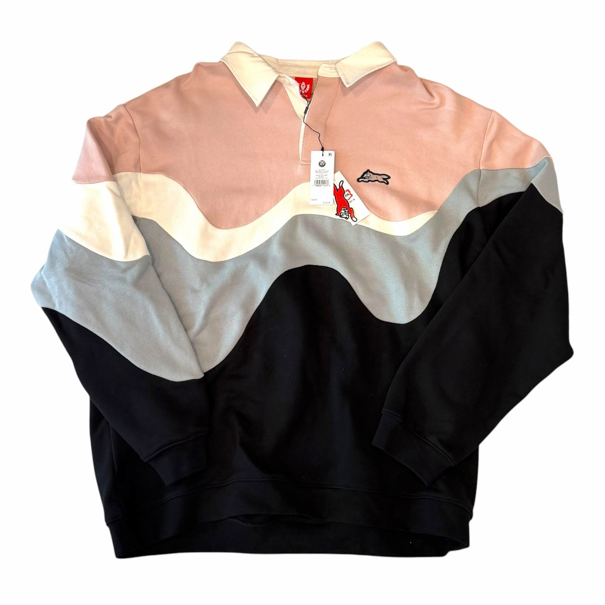 Vangsworld, Inc long sleeve polo shirt featuring a wavy color-block design in pink, white, grey, and black.