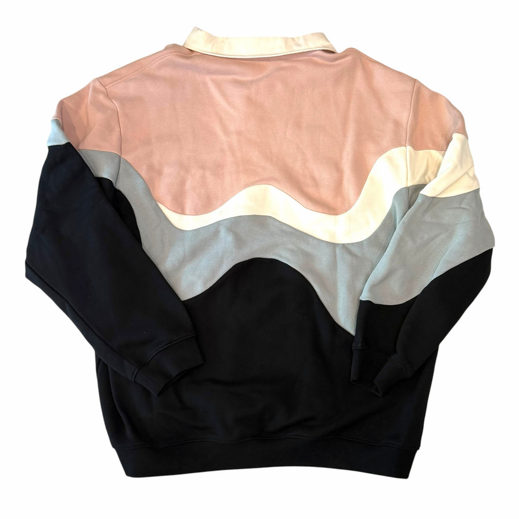 Back view of Vangsworld, Inc Icecream long sleeve polo featuring a wavy color-block design in pink, white, grey, black.