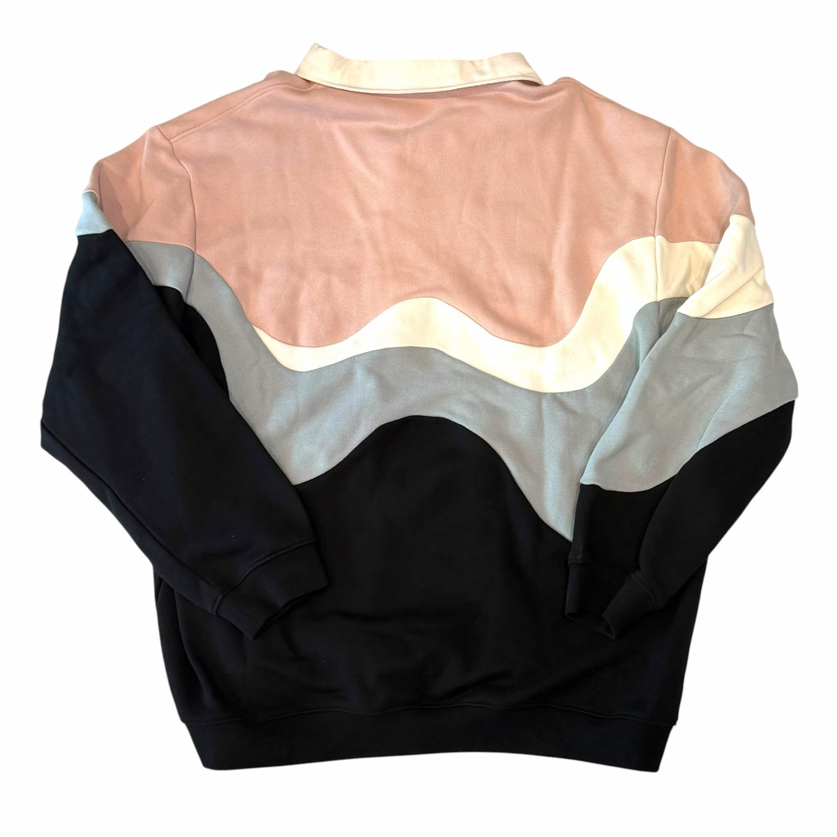 Back view of Vangsworld, Inc Icecream long sleeve polo featuring a wavy color-block design in pink, white, grey, black.