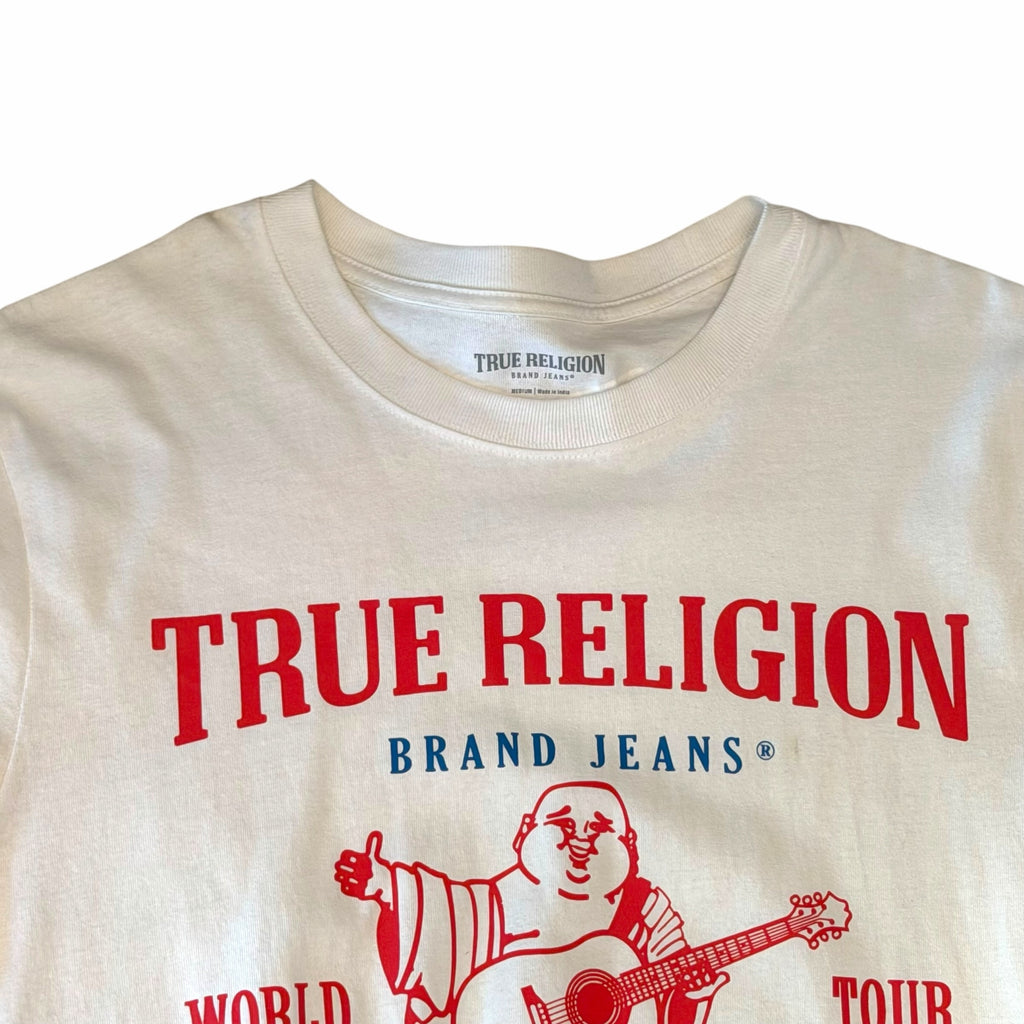 Vangsworld, Inc white cotton crew neck t-shirt featuring a red True Religion World Tour graphic with Buddha logo