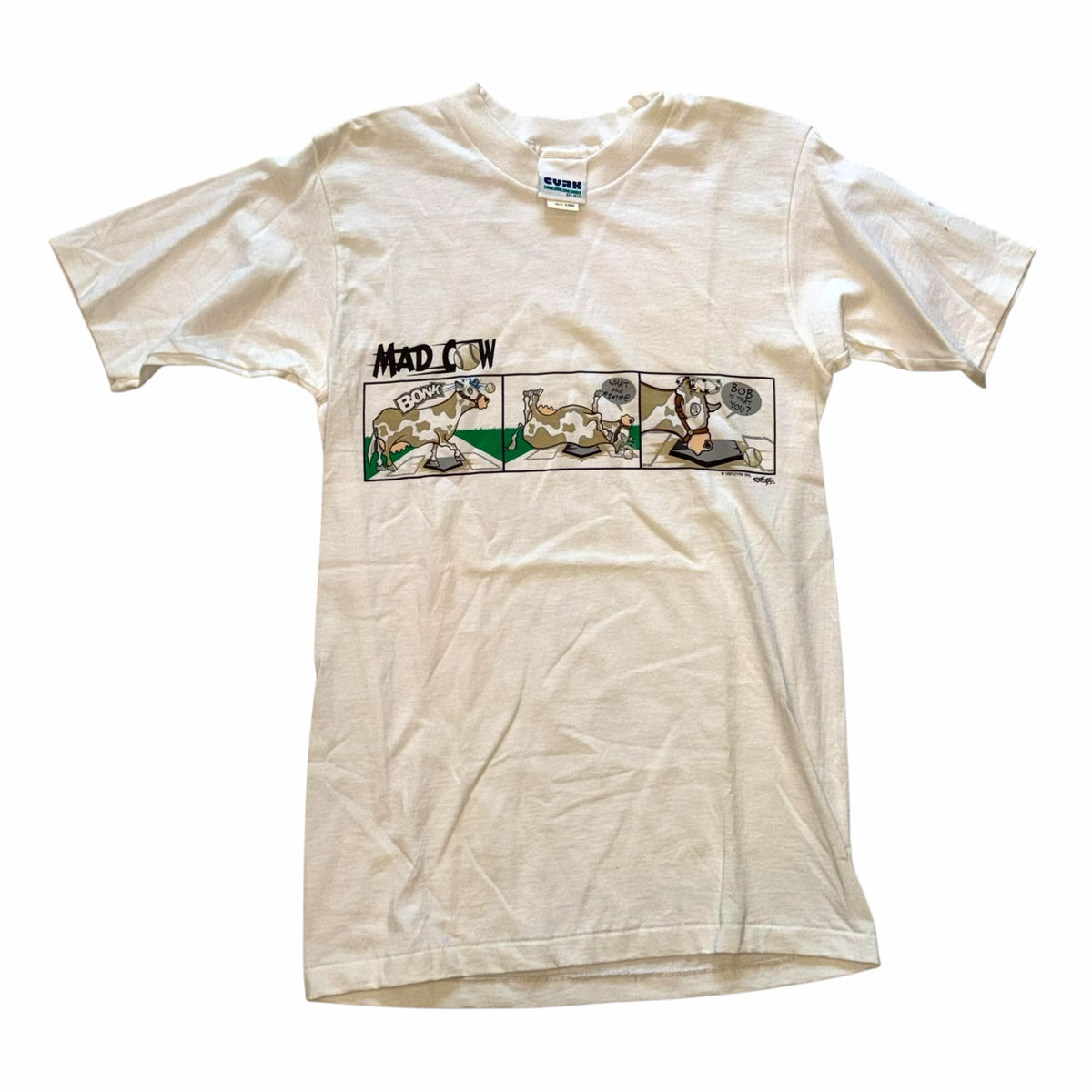 Vangsworld, Inc white cotton crewneck t-shirt featuring a vintage Mad Cow three-panel baseball comic graphic print.