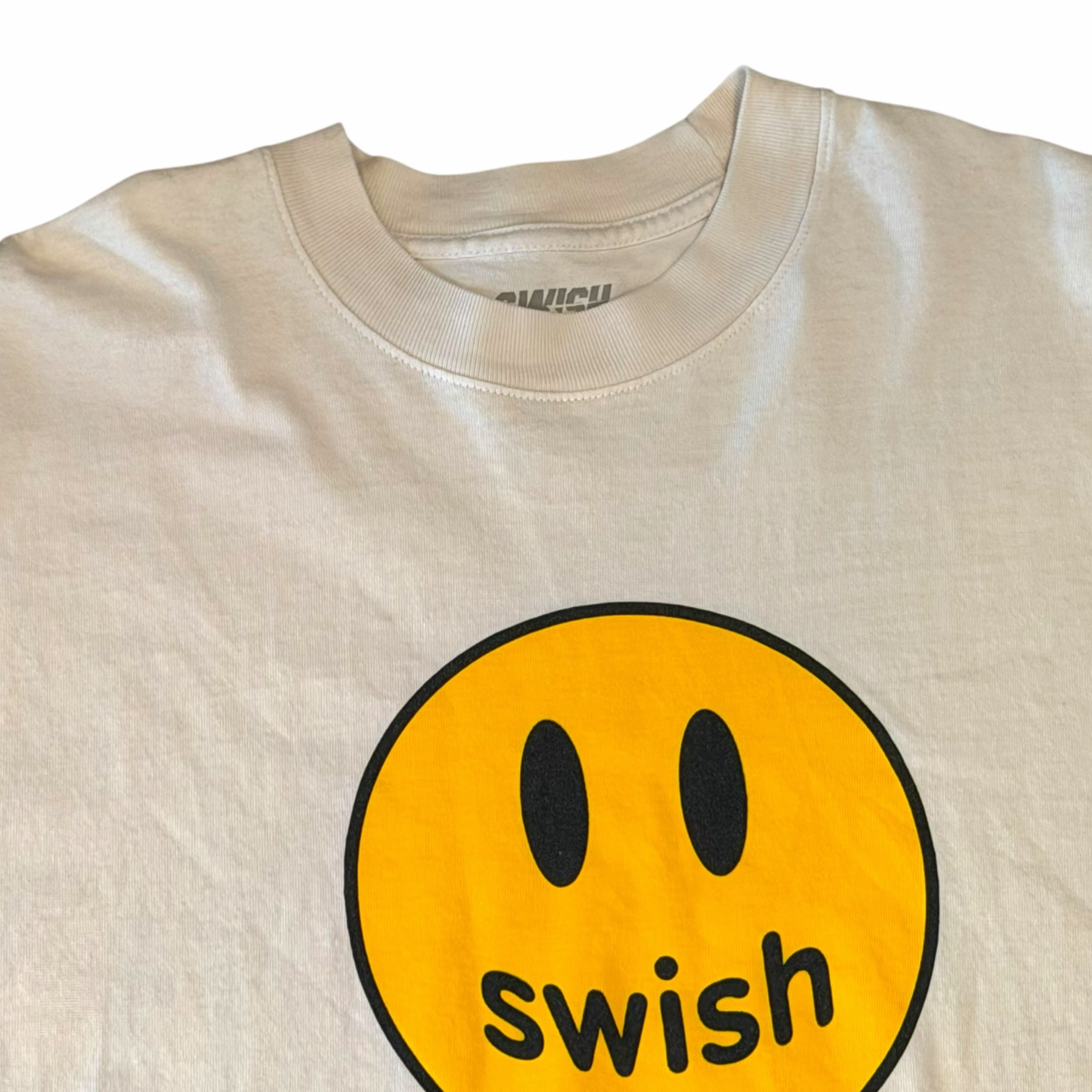 Vangsworld, Inc white cotton crewneck t-shirt featuring a yellow smiley face graphic with swish branding on the chest.