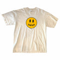 Vangsworld, Inc white cotton crewneck t-shirt featuring a yellow smiley face graphic with SWISH branding on the chest