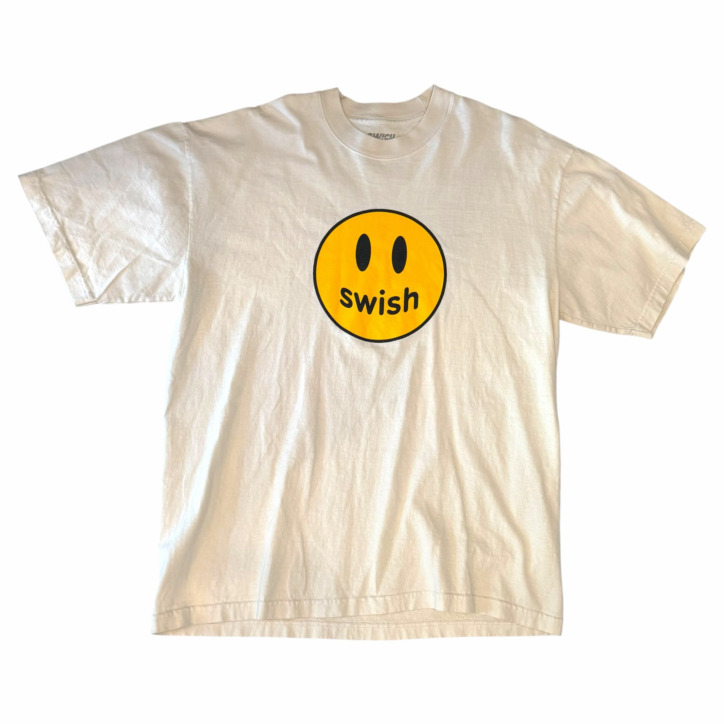 Vangsworld, Inc white cotton crewneck t-shirt featuring a yellow smiley face graphic with SWISH branding on the chest