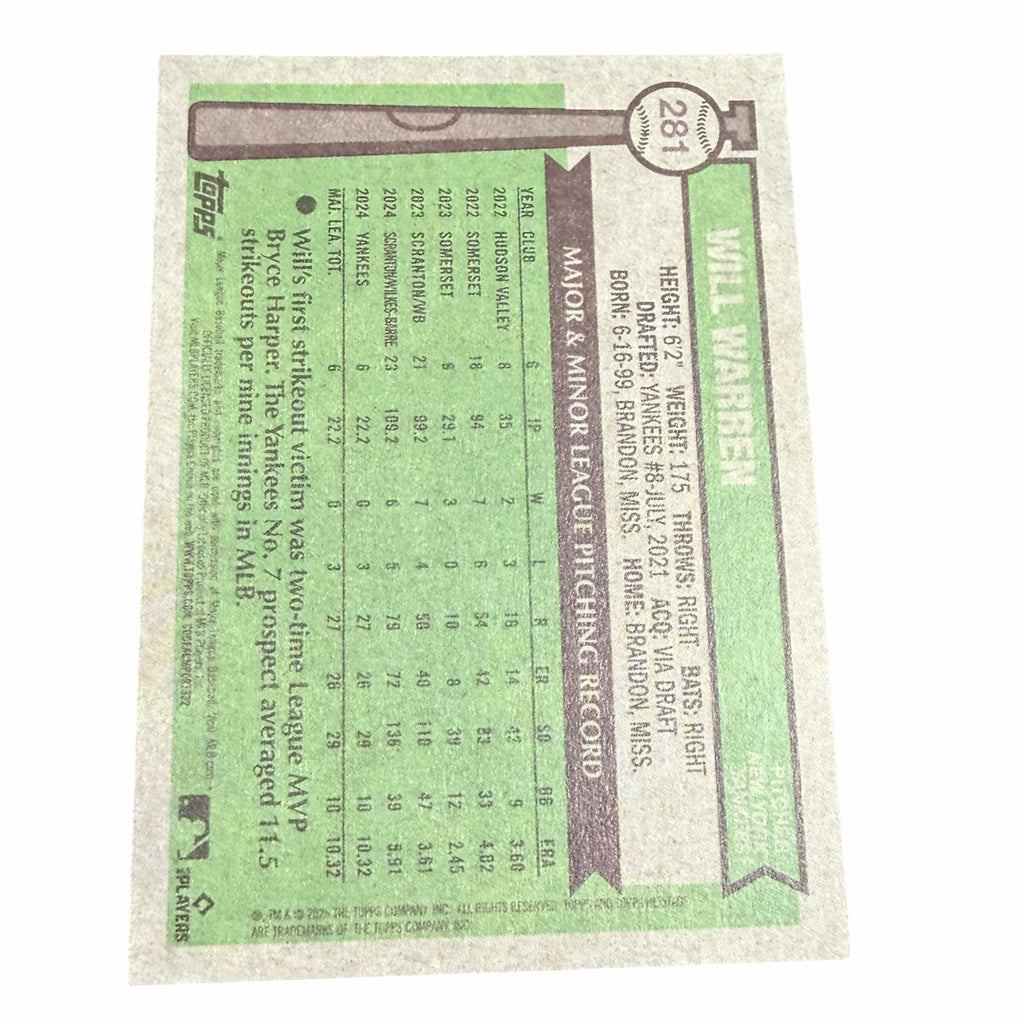 Vangsworld, Inc 2024 Topps Heritage Will Warren rookie baseball card back showing minor and major league statistics