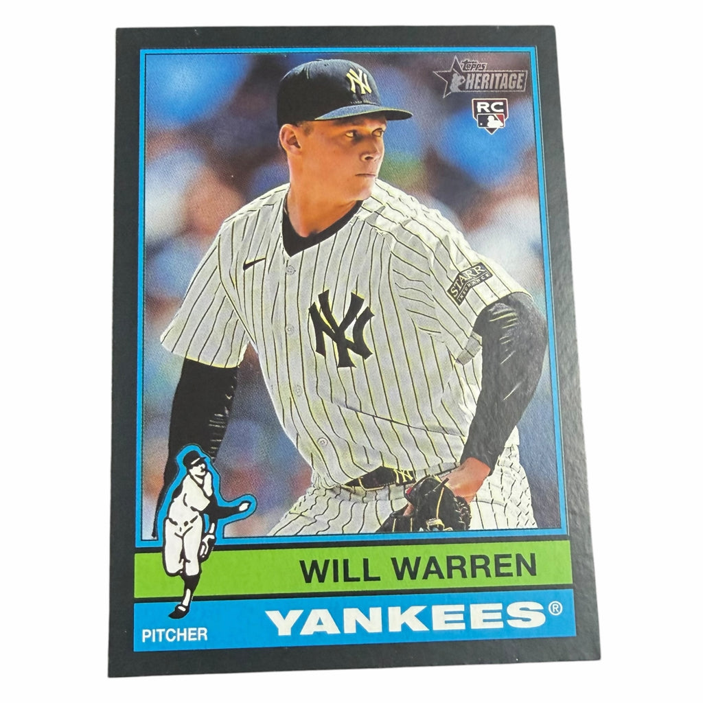 Vangsworld, Inc 2024 Topps Heritage Will Warren rookie baseball card featuring the New York Yankees pitcher in uniform.