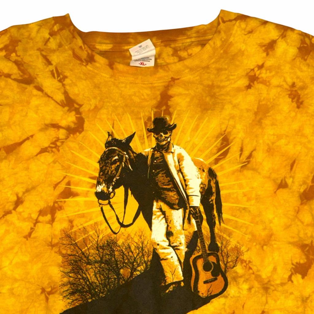 Vangsworld, Inc yellow tie-dye Bob Weir and Gov't Mule concert t-shirt with a cowboy skeleton and guitar graphic