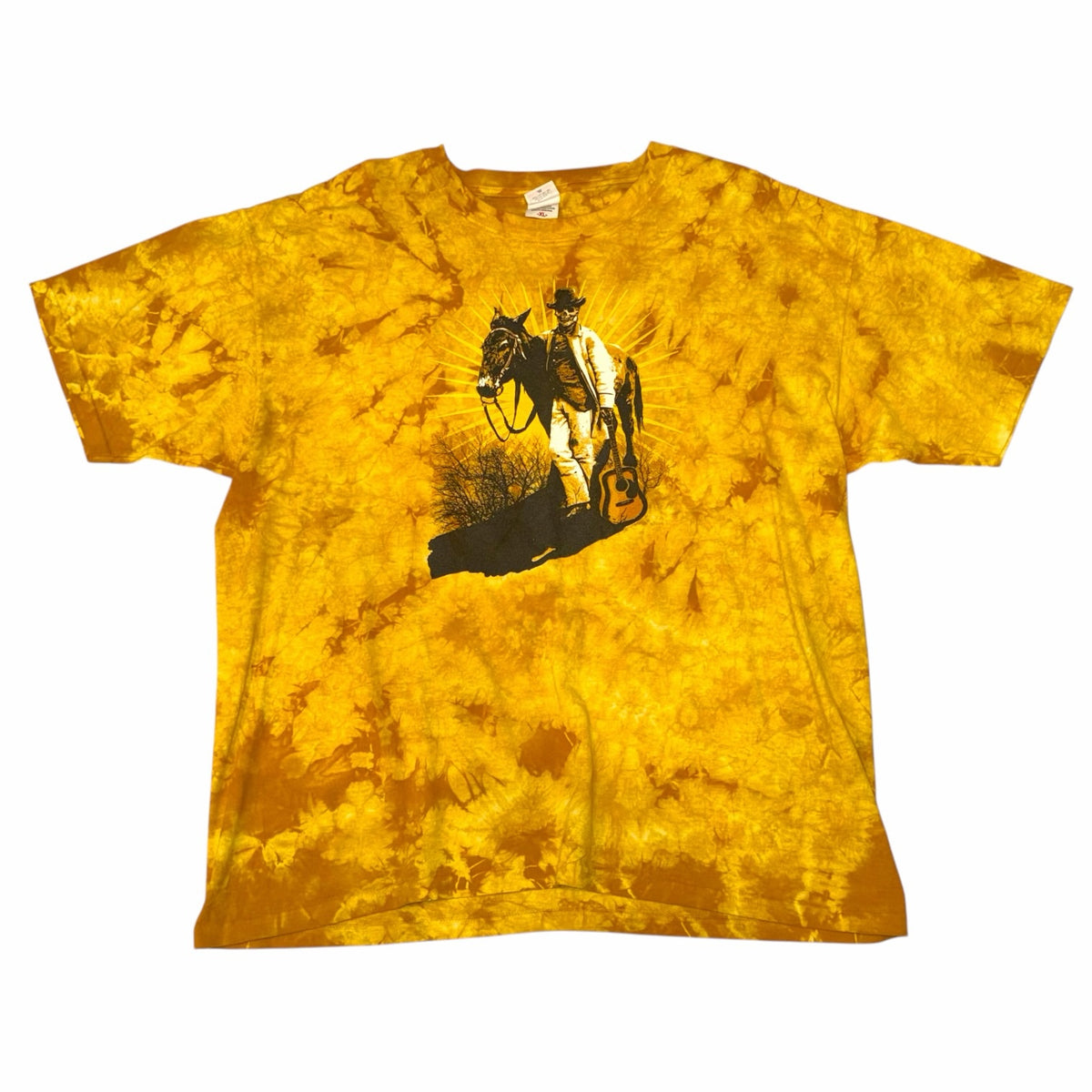 Vangsworld, Inc yellow tie-dye concert t-shirt featuring a cowboy skeleton with a horse and guitar graphic
