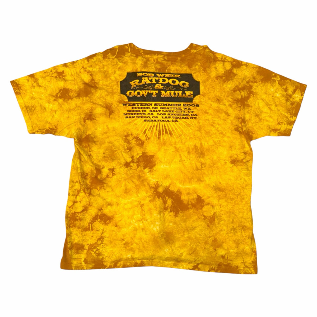 Vangsworld, Inc yellow tie-dye Bob Weir Ratdog and Gov't Mule 2008 tour t-shirt back view with concert dates